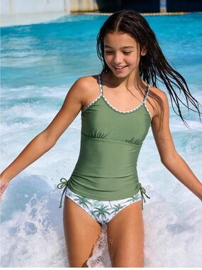 Funnycokid Olive Green Tankini Top with Palm-Print High-Waist Bikini Bottoms new